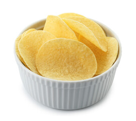 Tasty potato chips in bowl isolated on white