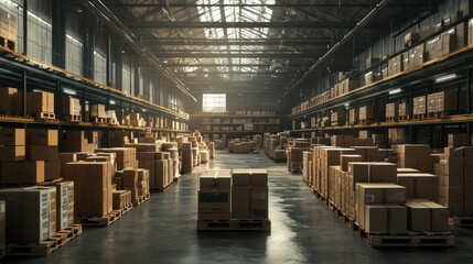 Sunlit warehouse interior with stacked cardboard boxes on pallets.