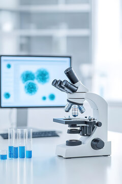 Laboratory electron microscope and image of cells displayed on screen