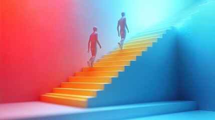 Surreal concept of people on dual-tone staircase in abstract pastel environment