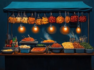 Acrylic of a vibrant Bangkok street food scene, bold reds and oranges highlighting sizzling dishes under glowing lights