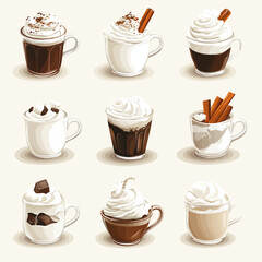 Obraz premium Assorted Coffee Drinks Topped with Whipped Cream and Cinnamon Sticks Design