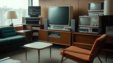 Retro living room with vintage technology and classic furniture in cozy atmosphere