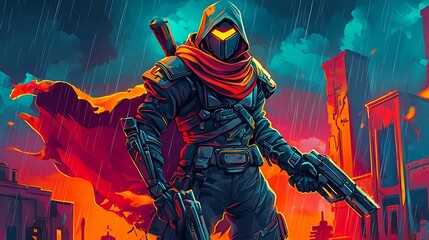 Futuristic cyber assassin standing against cityscape in the rain with guns blazing