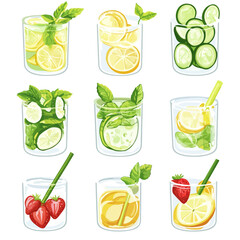 Refreshing Fruit Infused Water in Glasses with Lemon, Strawberry, Mint