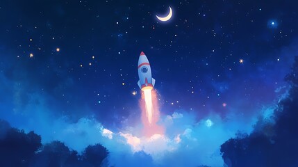 Naklejka premium Night Rocket Launch: A Journey into the Cosmos