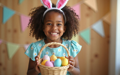 Happy dark-skinned girl with curly hair and pink bunny ears in a blue dress holding a wicker basket full of Easter eggs