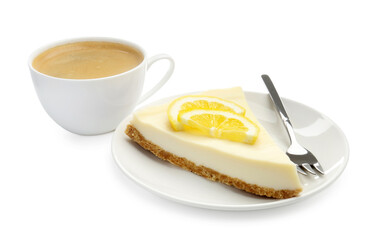 Piece of delicious lemon cheesecake and coffee isolated on white