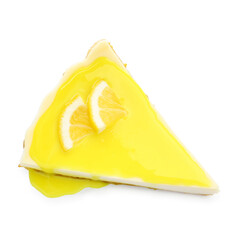 Piece of delicious cheesecake with lemon curd isolated on white, top view
