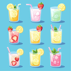 Colorful cartoon drinks art with lemonade and strawberry beverages