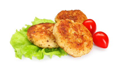 Delicious patties, tomatoes and lettuce isolated on white