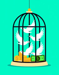 Naklejka premium five white birds are trapped inside a black birdcage with gold coins and money