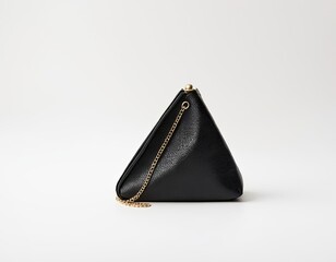 Elegant black leather triangle clutch with a gold chain strap, perfect for formal occasions.