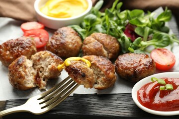 Tasty patties, tomato, arugula, mustard and ketchup on table, closeup