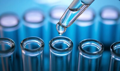 test tubes filled with a clear liquid, with an array of white and blue vials in the background. A dropper is pouring liquid into one tube