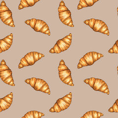 Watercolor seamless pattern: delicious puff pastry croissants on mocha. Element for design menu café, coffee house, bakery, flyer, wrapping, interior decor, wallpaper, textile