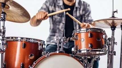 Energetic Male Drummer Performing on Stage with Vibrant Drum Set