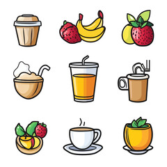 Cartoon illustration of colorful smoothie, juice, and coffee drinks