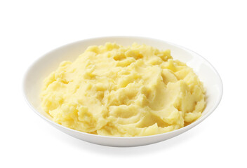 Delicious mashed potato in bowl isolated on white