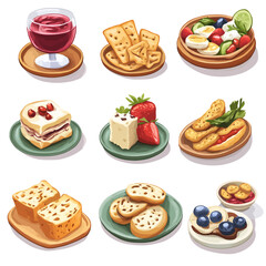 Diverse Food Assortment with Wine, Crackers, Berries, and Sweet Treats