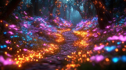 Fototapeta premium Enchanted forest pathway with glowing flowers and magical lights