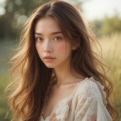 Naklejka premium young woman with long brown hair gazes serenely into distance, radiating quiet confidence and natural beauty amidst sun drenched field