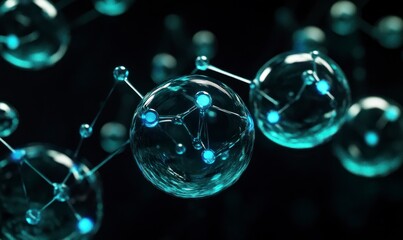 Naklejka premium individual water molecules, each with glowing bluish lights within them against a black background. The spheres form an intricate network