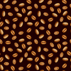 Watercolor seamless pattern: coffee beans on dark brown. Element for design menu café, coffee house, bakery, flyer, wrapping, interior decor, wallpaper 