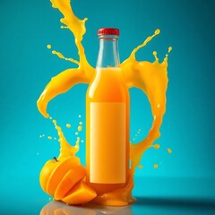 Mango Juice Bottle with Blank Label Surrounded by Vibrant Mango Splashes for a Fresh and Dynamic Mockup