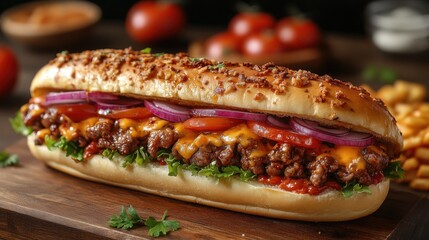 Delicious cheesy beef sandwich with fresh vegetables and crumbled topping on wooden board