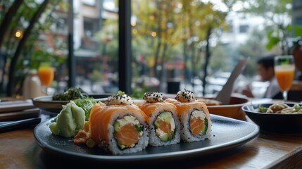 Fresh sushi rolls on a plate in a modern outdoor cafe setting