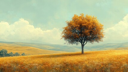 Solitary autumn tree golden field tranquil landscape