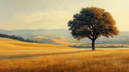 Obraz premium Solitary tree golden field rolling hills sunset