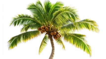 Lush Green Palm Tree with Coconut Fruits Against Clear Background
