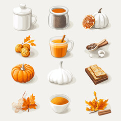 Autumn harvest with pumpkins, spices, and warm beverages for the season