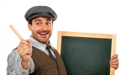 Happy Teacher Holding Chalkboard with Pointer in Studio Setting