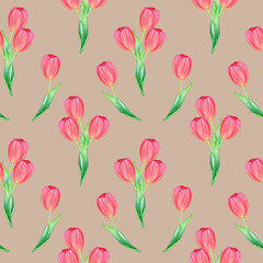 Watercolor seamless pattern: bouquet of tulips and a single flower on mocha. Element for design menu café, coffee house, bakery, flyer, wrapping, interior decor, wallpaper