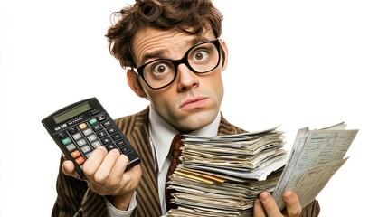 Frustrated Accountant Facing Mountain of Paperwork with Calculator