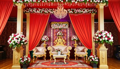 Luxury wedding stage decor with golden furniture, flowers, and intricate drapery for vibrant celebration setting