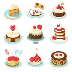 Cartoon Cakes and Desserts with Strawberries, Hearts, and Decorative Toppings