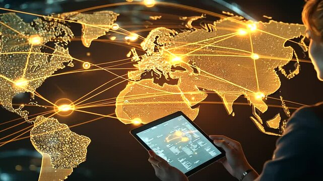 Show a business leader using a tablet to analyze a global supply chain, with glowing lines connecting different regions on a world map