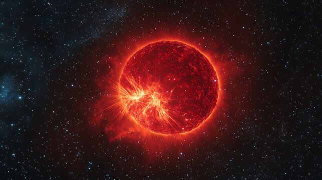 A fiery red supergiant star glowing intensely in the void of space