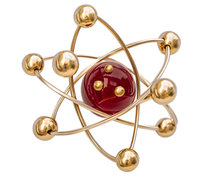 A gold and red model of an atom, on a Transparent background .png