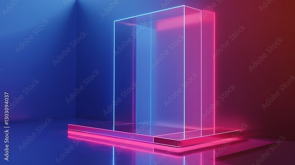 Poster illuminated cube: futuristic glowing cube structure in a studio lit with vibrant neon lights. a mode