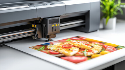 large format printer is producing vibrant food print featuring grilled chicken and colorful vegetables. scene captures precision and detail of printing process, showcasing printer capabilities