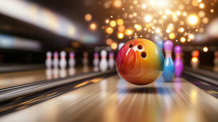 colorful bowling ball rolls towards pins, creating dynamic scene filled with excitement and energy. vibrant colors and blurred background enhance lively atmosphere of bowling alley