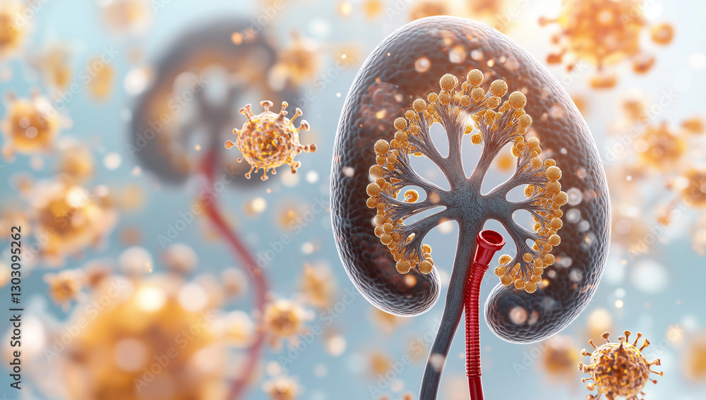 Poster detailed illustration of human kidney surrounded by virus particles, showcasing intricate structure 