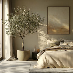 Modern Minimalist Bedroom Interior with Olive Tree and Neutral Colors for a Cozy and Tranquil Home Decor