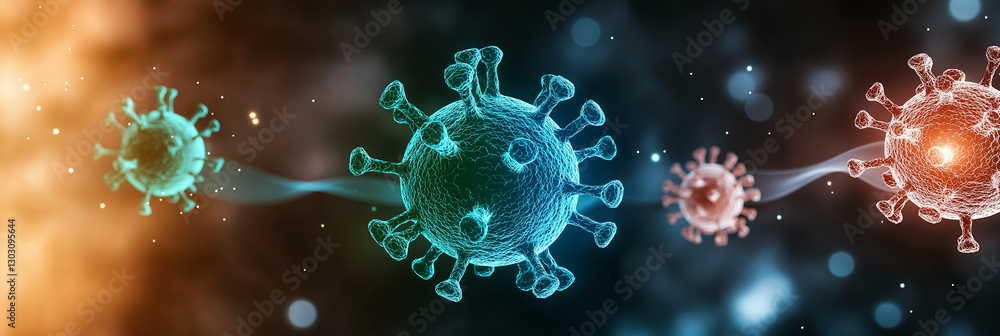 Poster 3d virus cell illustration with vibrant colors and glowing effects, showcasing intricate structure o