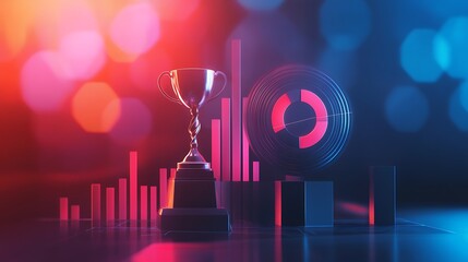 Trophy and Data Visualization: A striking image showcasing a trophy amidst data visualization elements. The scene is bathed in a neon red and blue light, creating a vibrant and modern atmosphere.